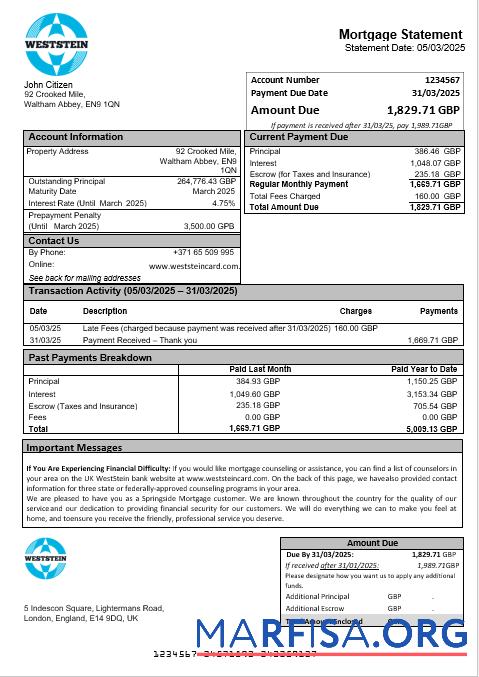 Printable United Kingdom WestStein Bank mortgage statement in Word and PDF formats download for verification